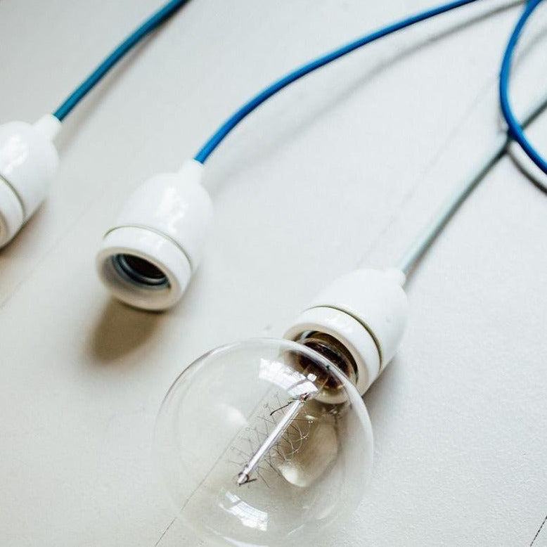 porcelain lights, cord set, coloured electrical cable, porcelain ceiling rose, classic lighting, Mr Ralph, plug in cord set, industrial lighting, bare bulb, bare bulb lighting, Mr Ralph, Boudi,